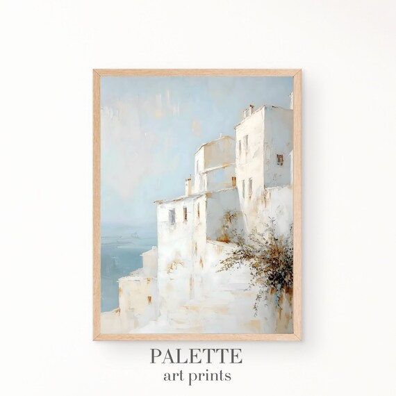 White Coastal Village Sunlit Sea View Bright White Buildings Painting Poster