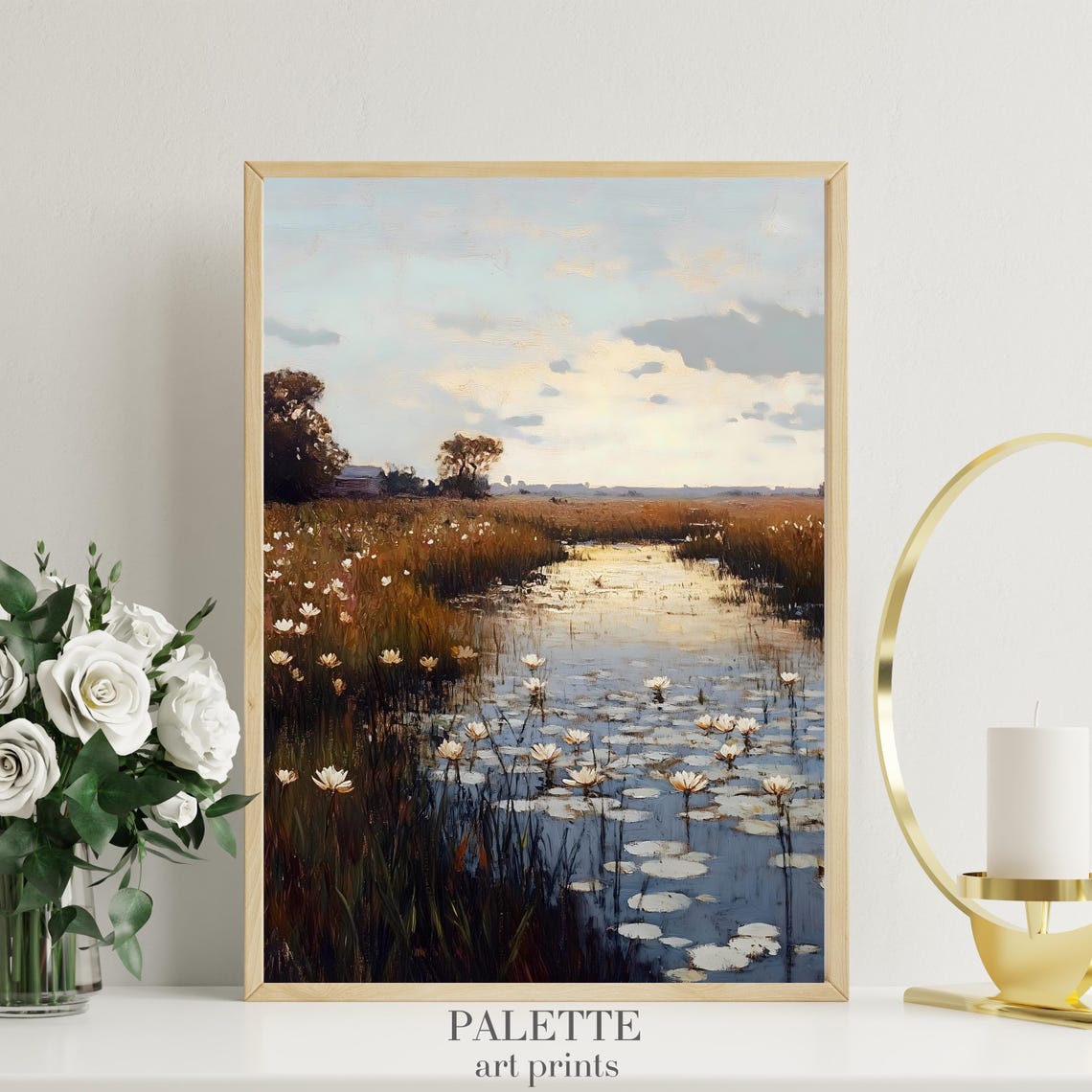 Water Lily Pond Sunset Golden Reflection Floral Landscape Print - Image 3