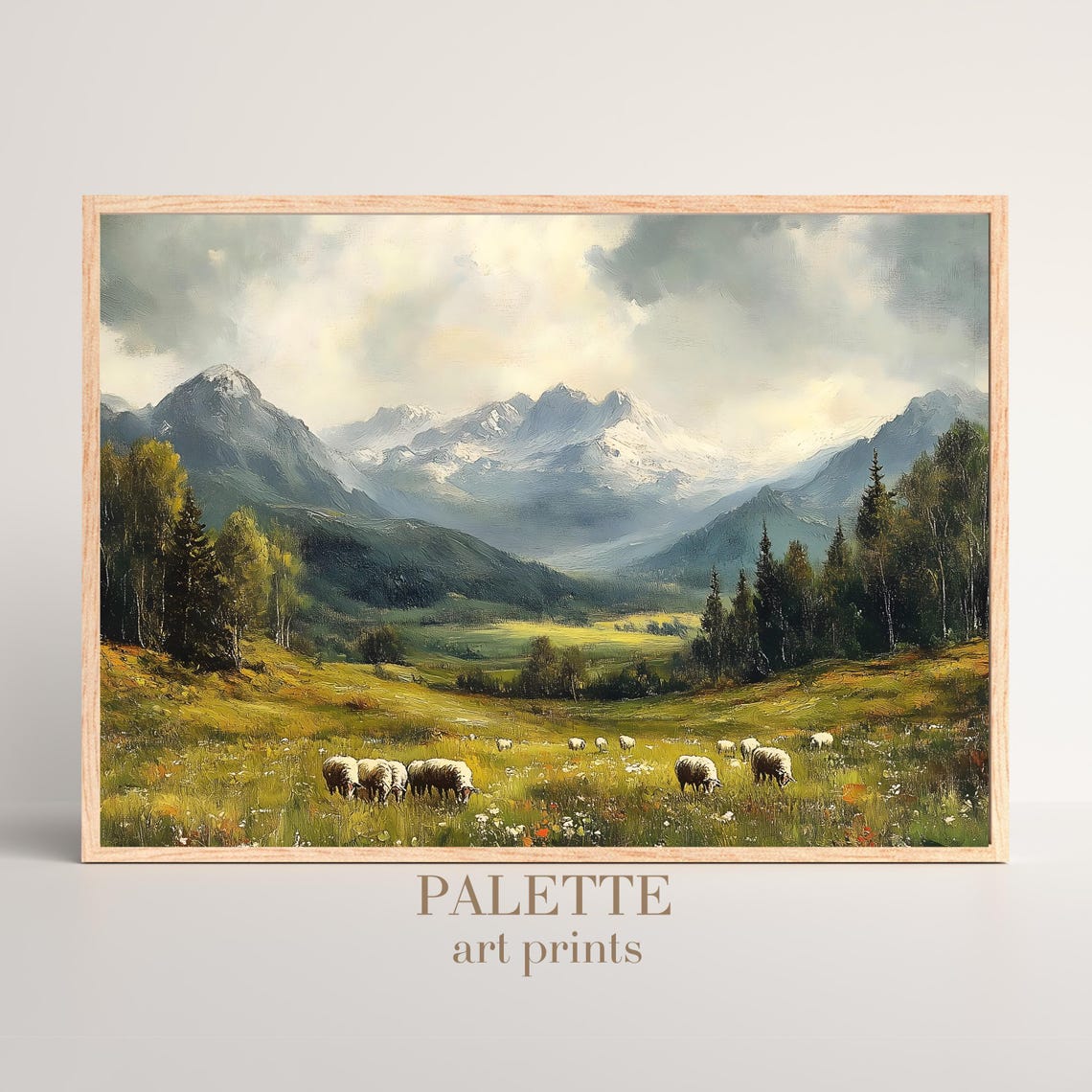 Grazing Sheep In An Alpine Pasture Beneath Snowy Peaks Poster - Image 3