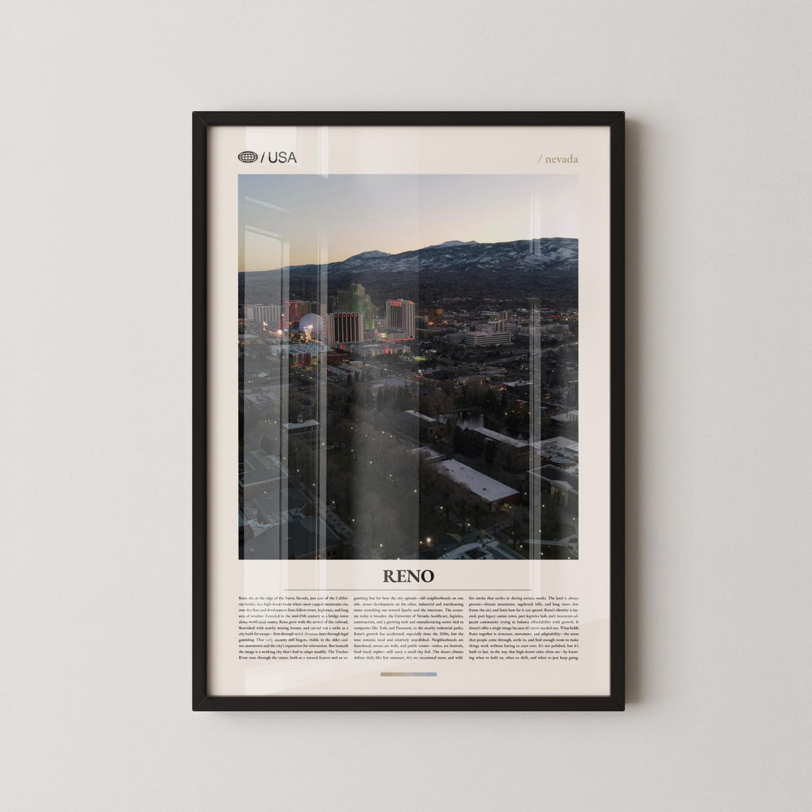 Reno Nevada Dusk Cityscape Sierra Mountains Minimalist Photo Poster