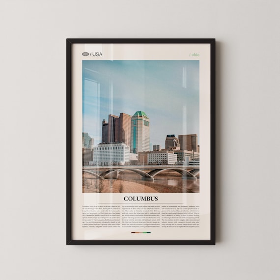 Columbus Ohio Downtown Skyline River Bridge City Travel Poster