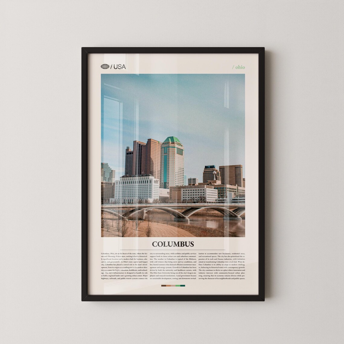 Columbus Ohio Downtown Skyline River Bridge City Travel Poster