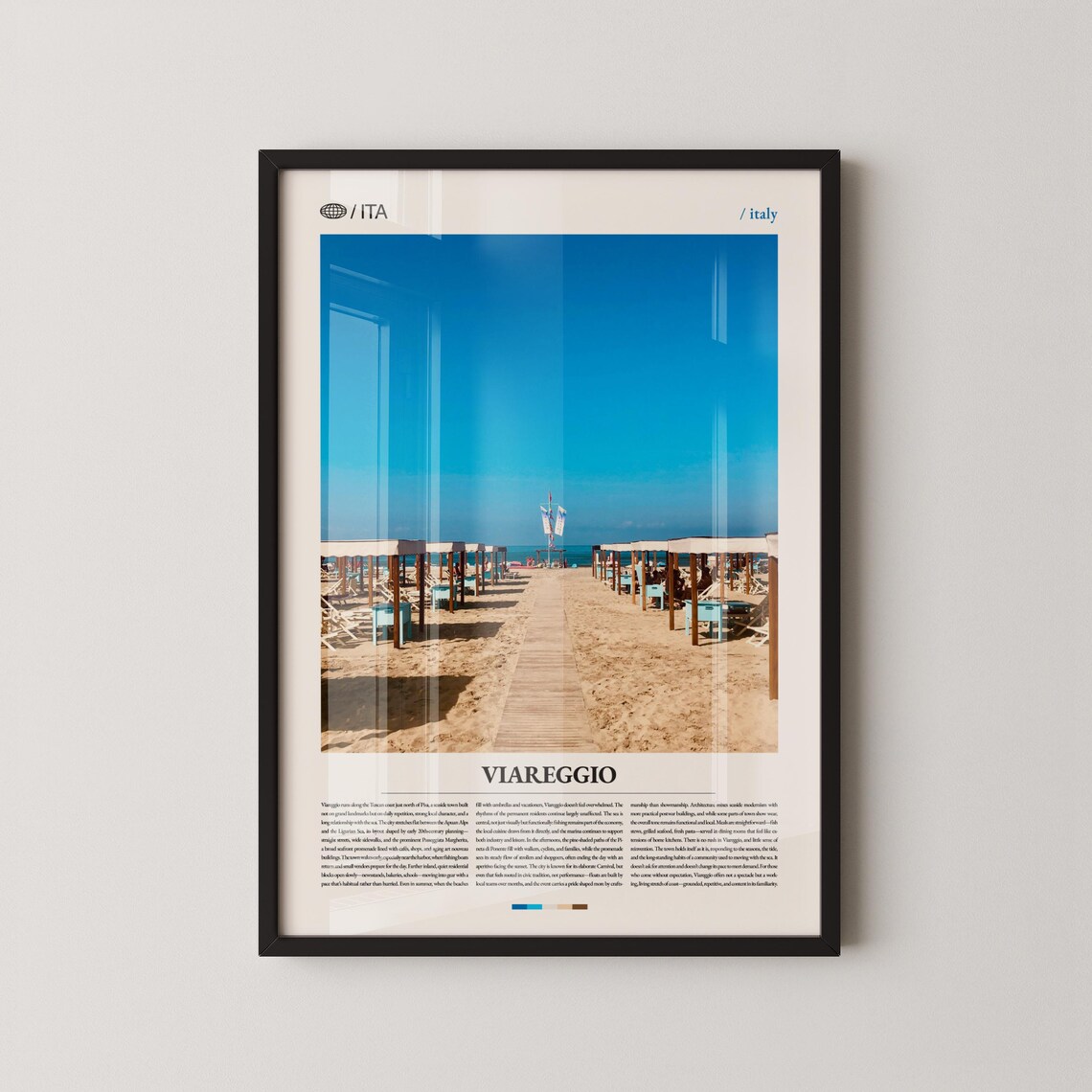 Viareggio Italy Travel Poster With Sunny Beach Umbrellas And Blue Sky