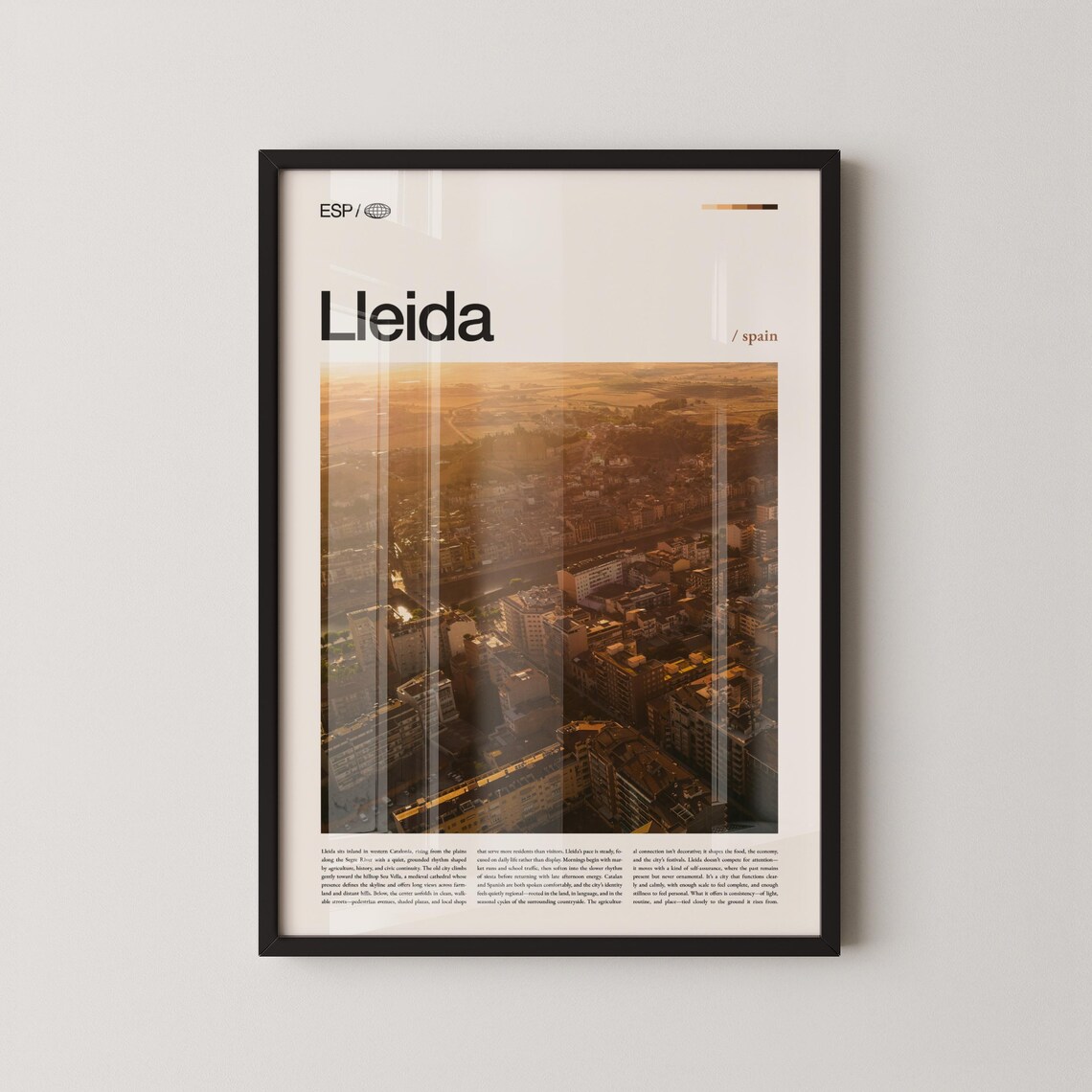Lleida Spain Golden Aerial Cityscape Sunset Minimalist Travel Poster