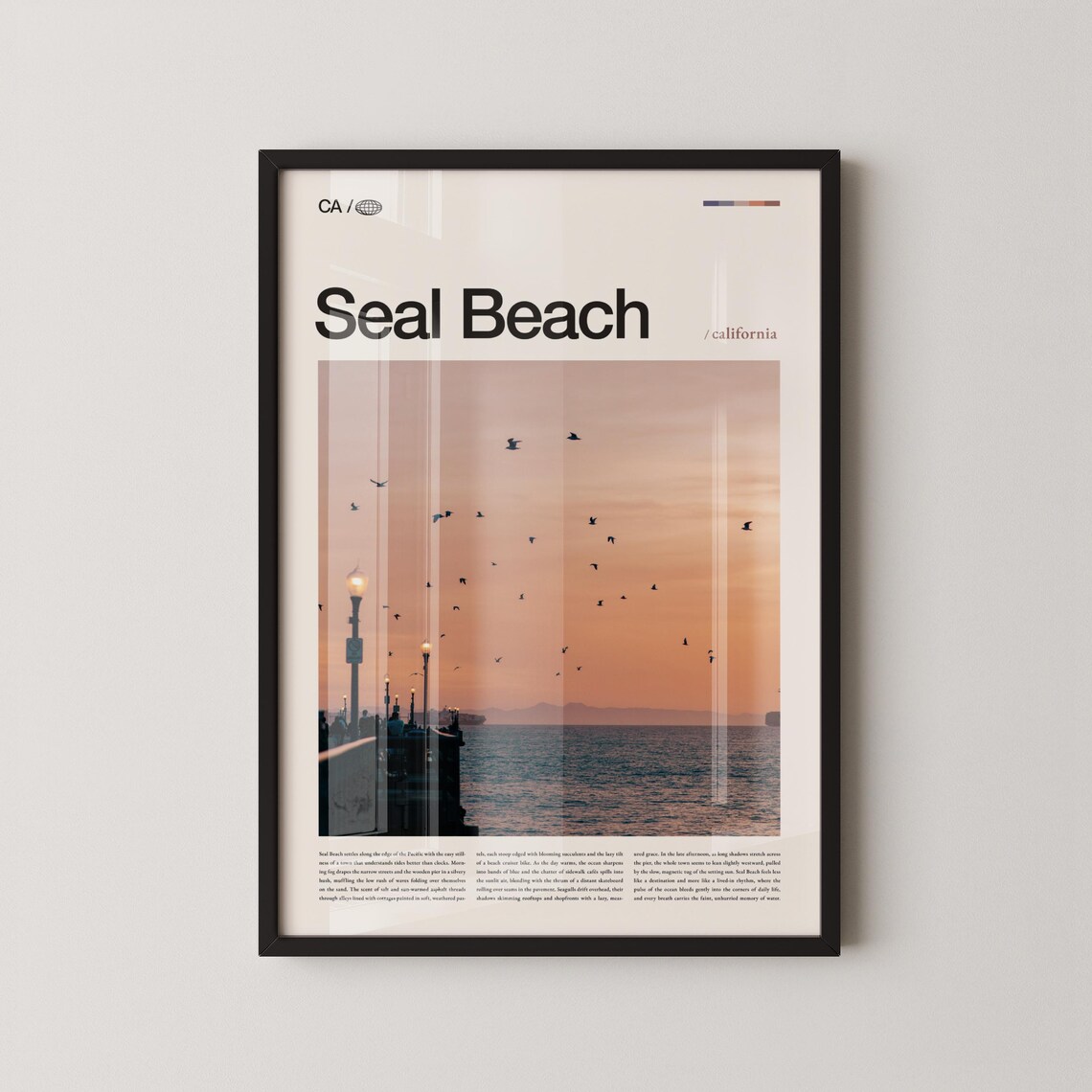Seal Beach California Sunset Birds Ocean Pier Photo Travel Poster