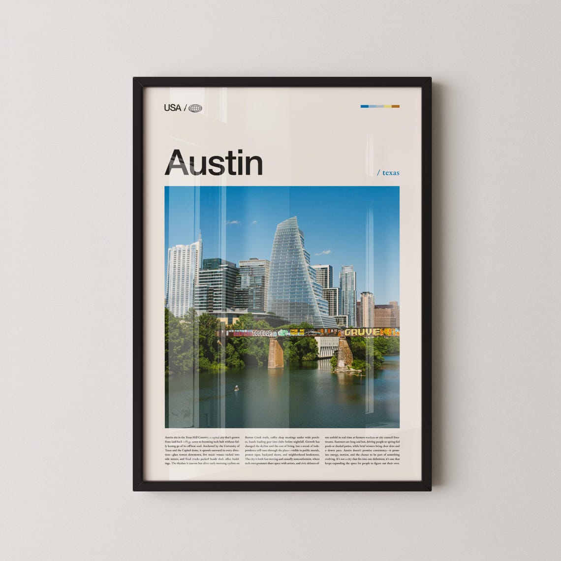Austin Texas Glass Tower Skyline Rail Bridge Retro Travel Poster