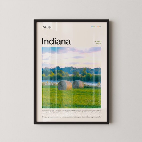 Indiana Hay Bales Lush Green Field Sunset Vintage Travel Poster