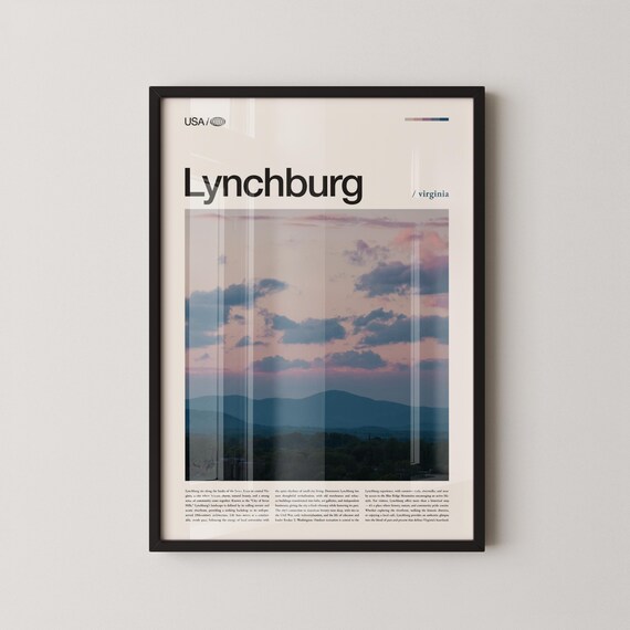 Lynchburg Virginia Blue Ridge Sunset Sky Poster Bold Title Above Photo