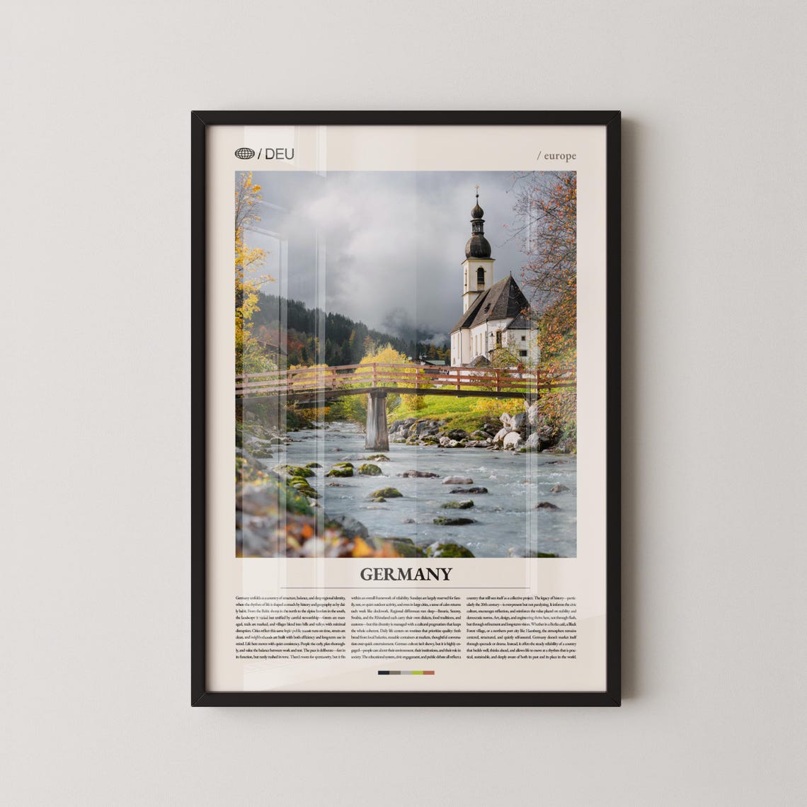 Germany Riverside Church and Wooden Bridge Rocky Stream Photo Poster