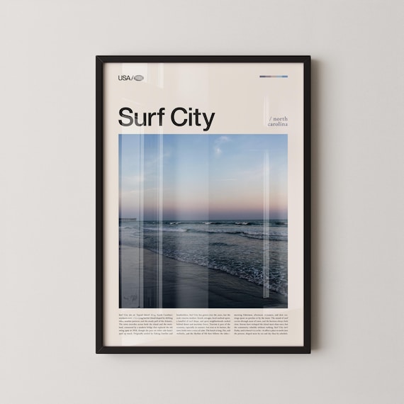 Surf City North Carolina Daytime Ocean Waves Beach Pier Photo Poster