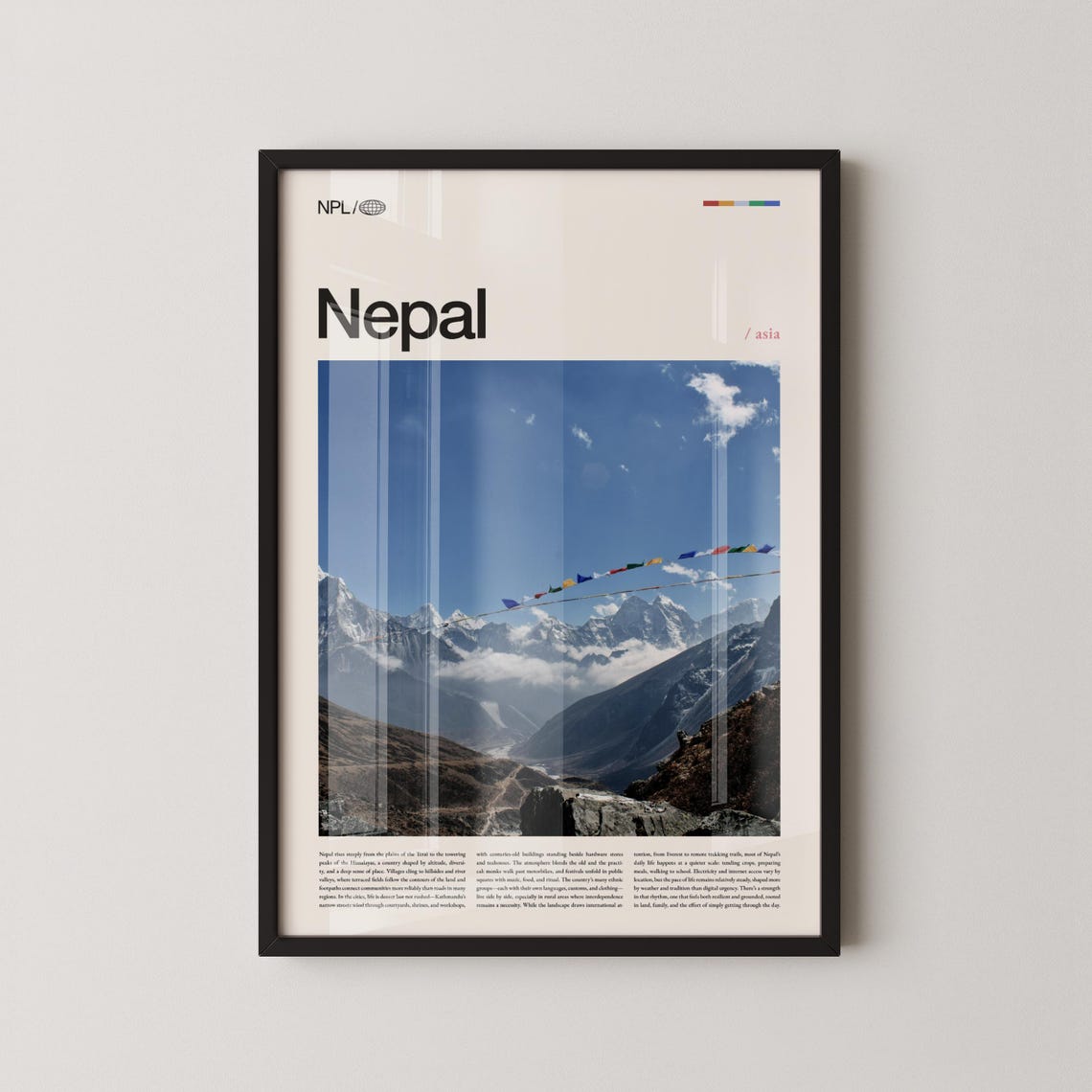 Nepal Himalayan Peaks Travel Poster with Colorful Prayer Flags