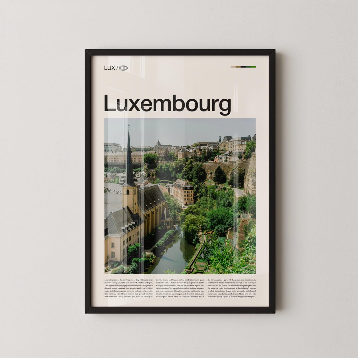 Luxembourg Historic Cityscape Church Spire Valley Photography Poster