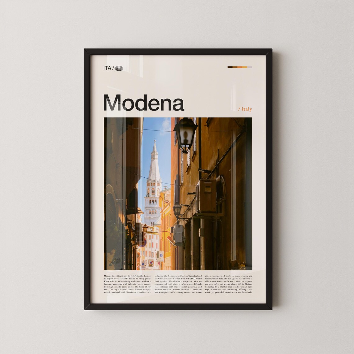 Modena Italy Travel Poster with Ghirlandina Bell Tower Street View
