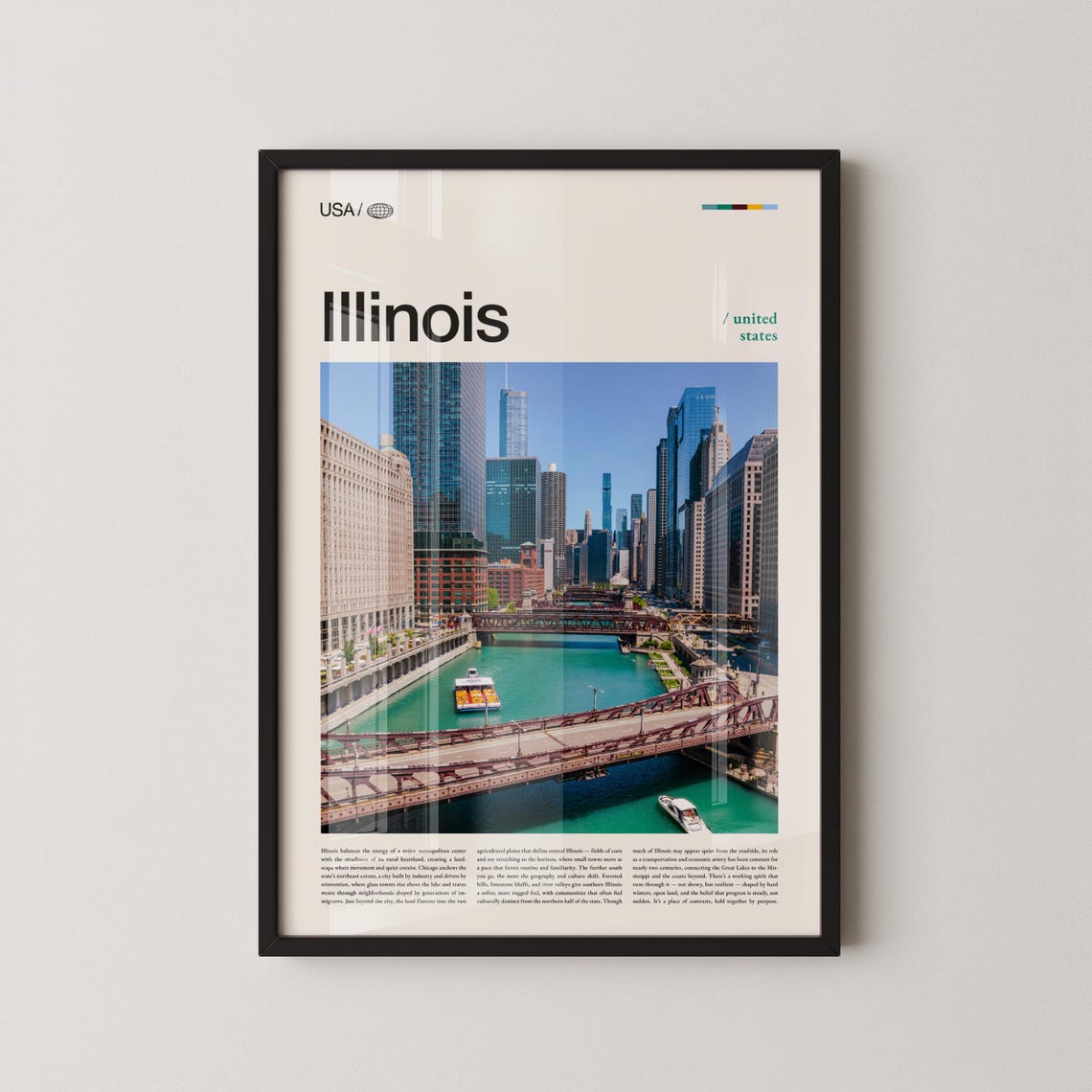 Illinois Chicago River Bridge Downtown Skyline Photo Travel Poster