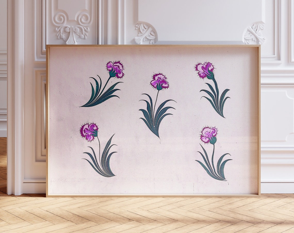 Purple Carnations Turkish Motif Five Blooms Botanical Art Wall Print