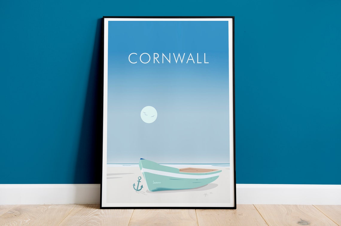 Cornwall Beach Rowing Boat and Anchor Minimalist Art View Poster