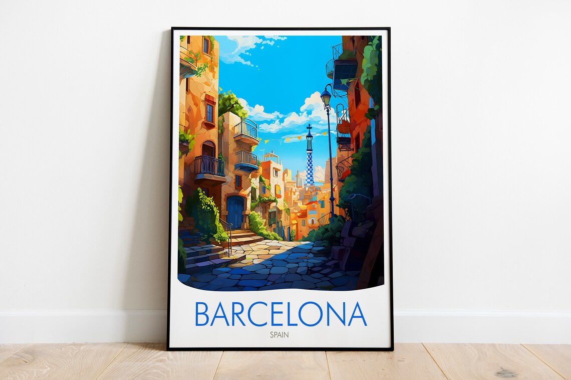 Barcelona Spain Sunlit Alley Historic Balconies Vintage Travel Poster - Image 2