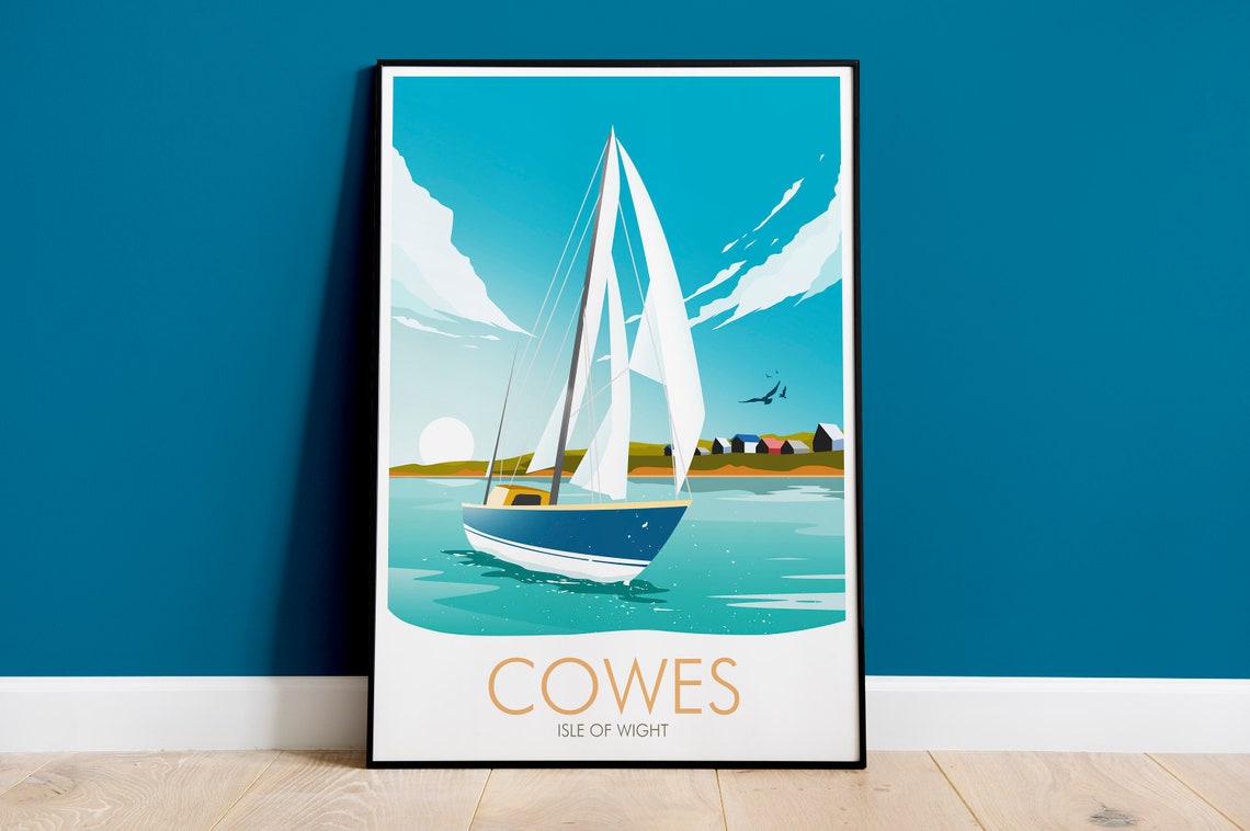 Cowes Isle of Wight Sailboat and Beach Huts Coast View Poster
