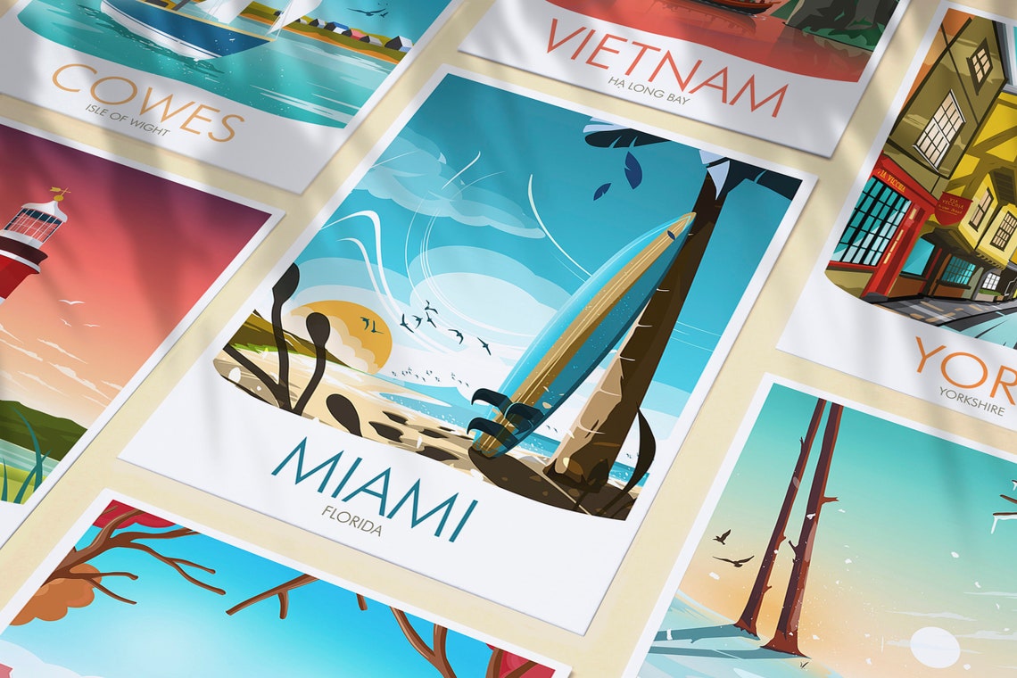Miami Florida Surfboard Beach Sunrise Palm Tropical Surf Art Poster - Image 3