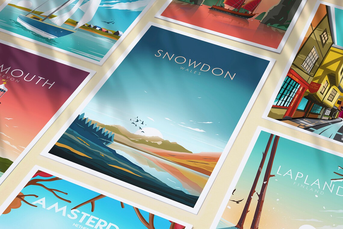 Snowdon Wales Mountain Lake Birds Minimalist Scenic Travel Poster - Image 3