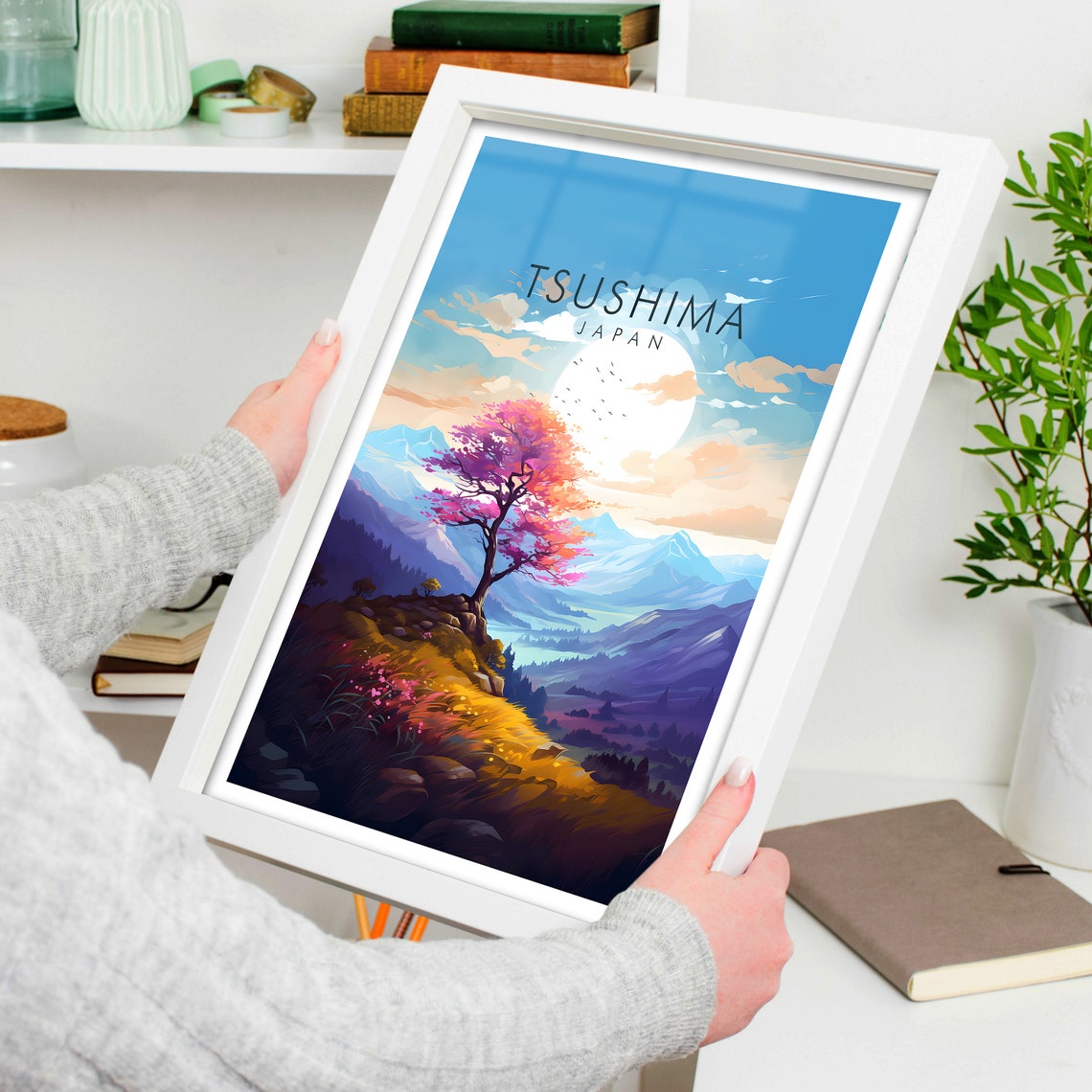 Tsushima Japan Pink Blossom Tree Mountain Sunset Travel Poster - Image 4