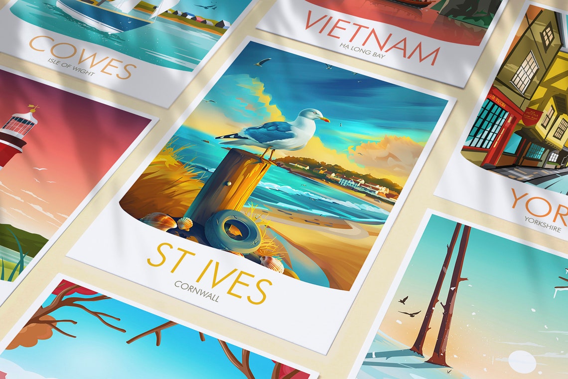 St Ives Cornwall Seagull Beach Post Golden Sunset Art Poster - Image 3