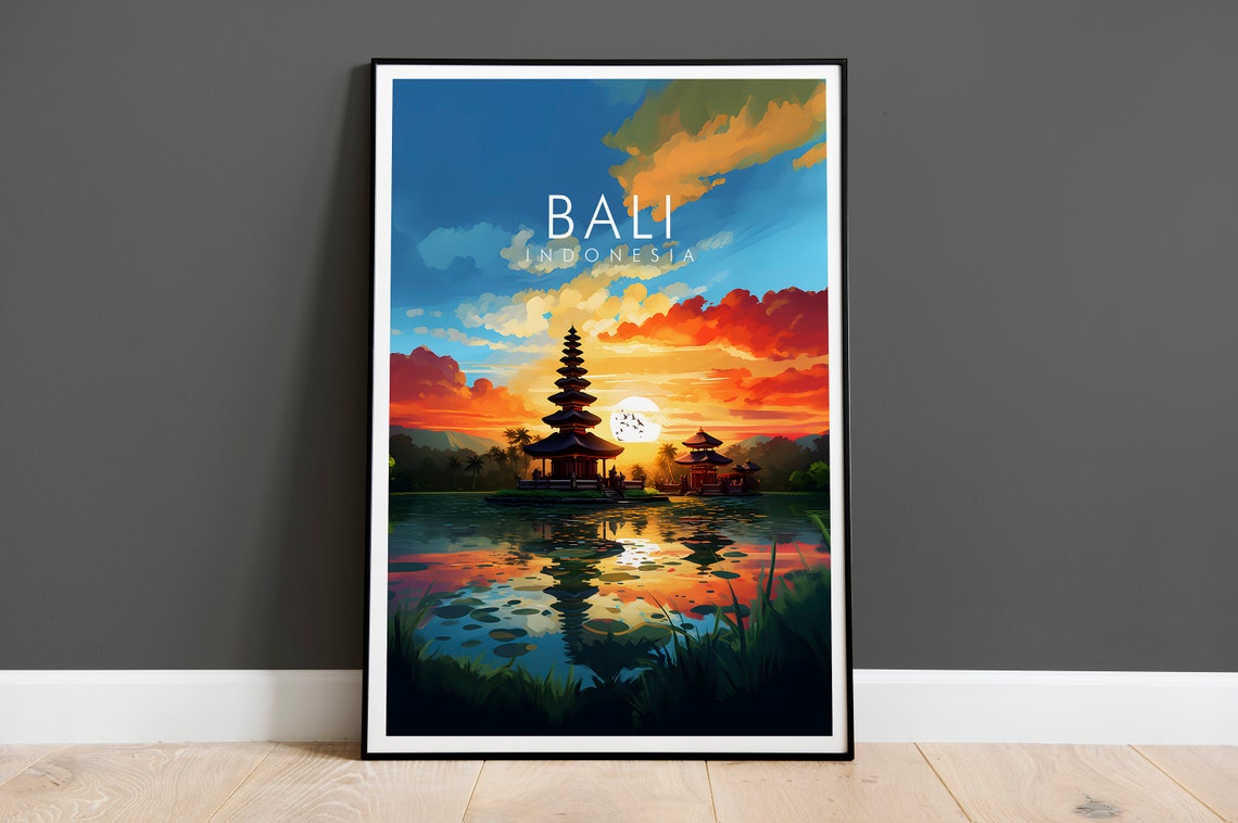 Bali Indonesia Temple Sunset Lake Reflection Tropical Poster