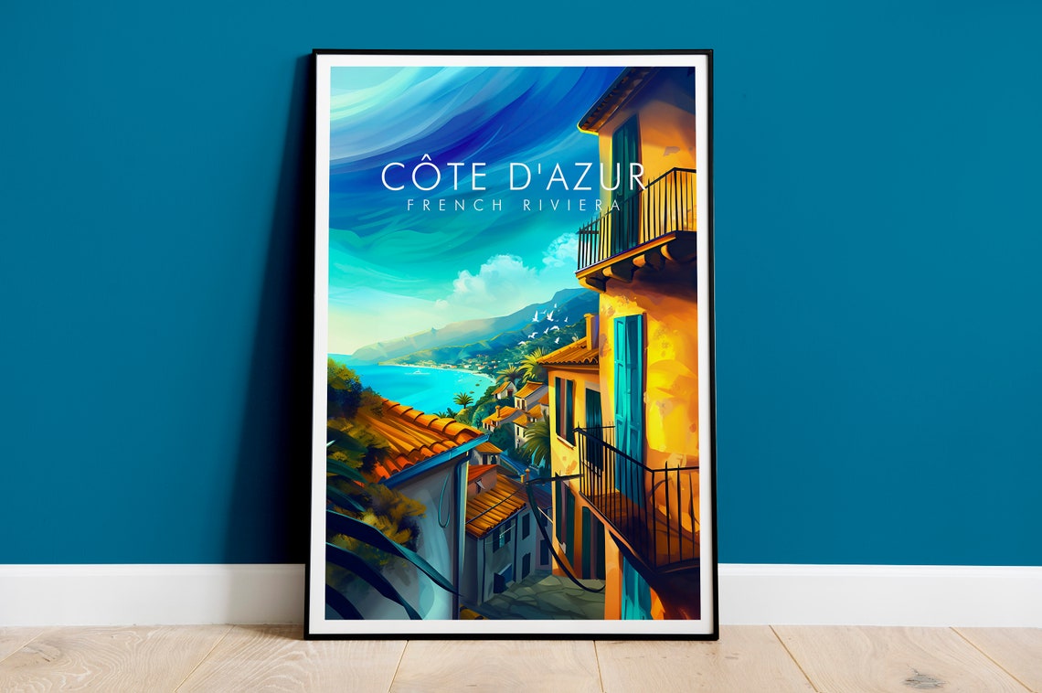 Cote d Azur French Riviera Hillside Village Bay Scene Poster
