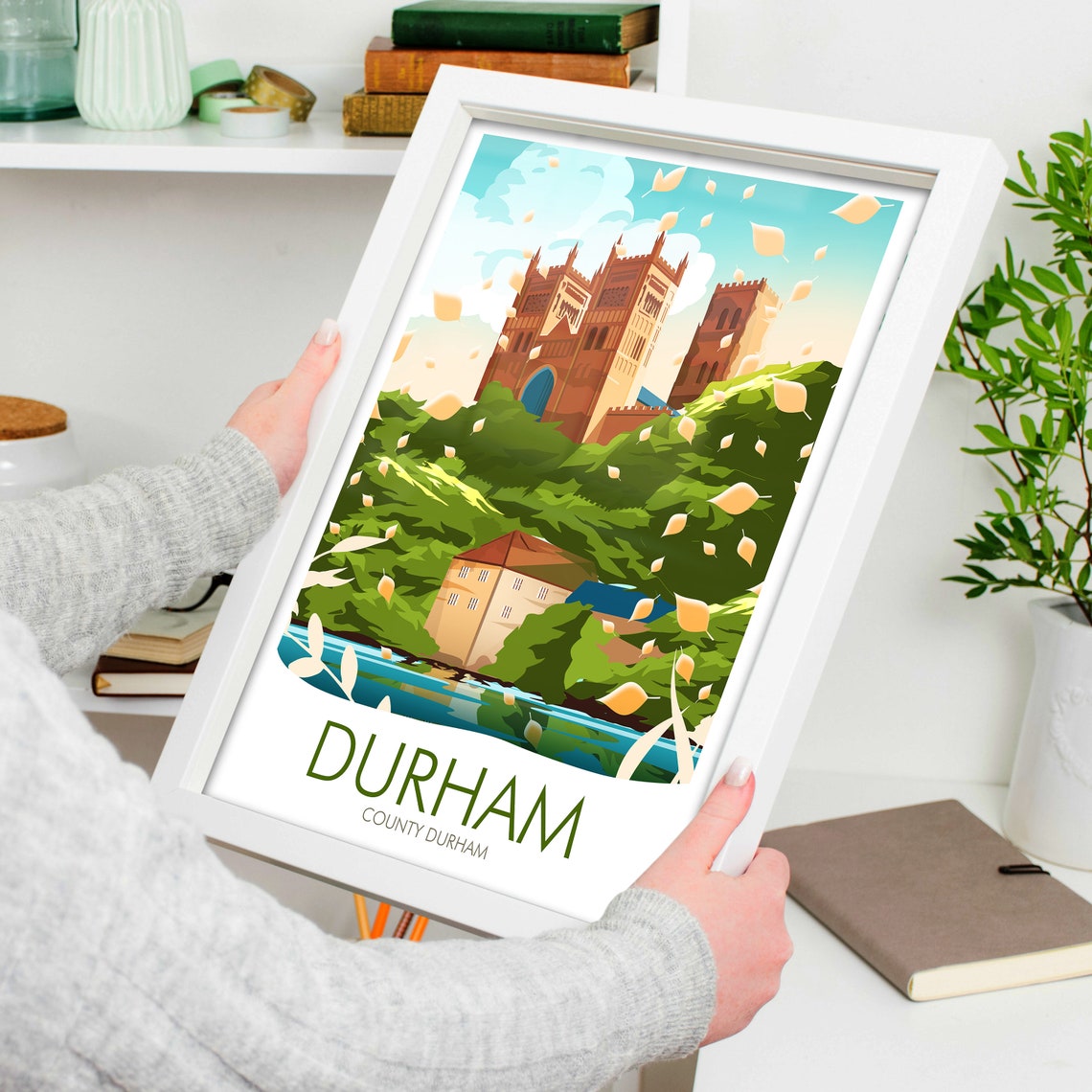 Durham County Durham Cathedral Autumn Leaves River View Poster - Image 4
