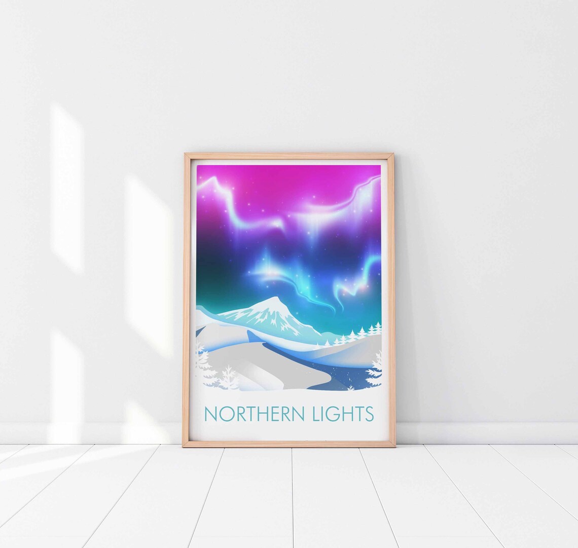 Northern Lights Norway Poster, Vintage Mountain Travel - Image 3