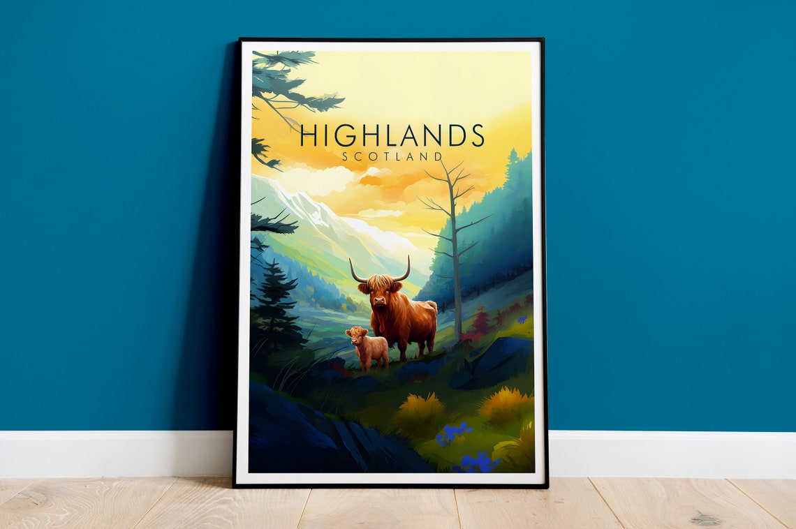 Scottish Highlands Highland Cow Calf Sunset Mountain Travel Poster
