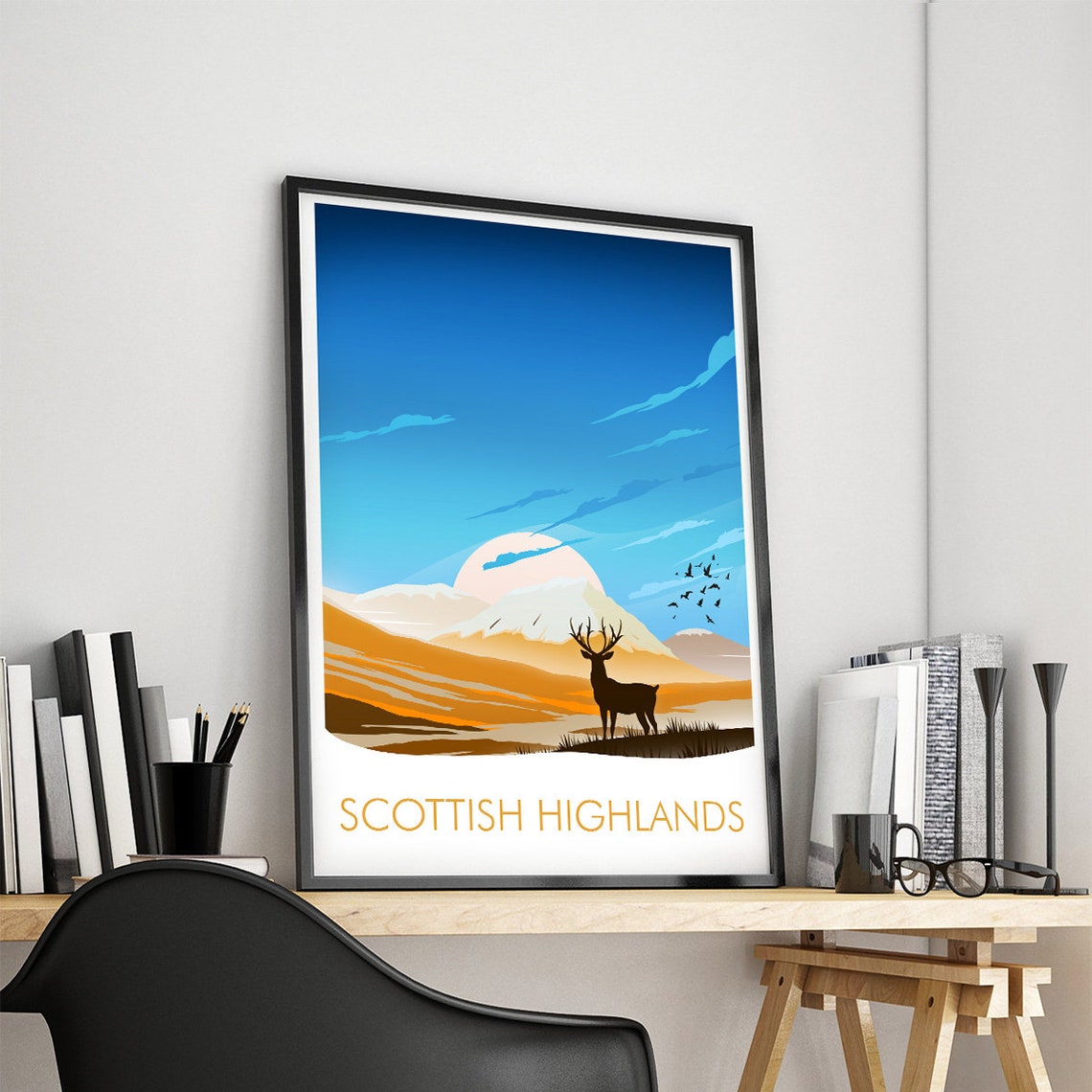 Scottish Highlands Wild Stag Silhouette Mountain Sunset Poster - Image 4