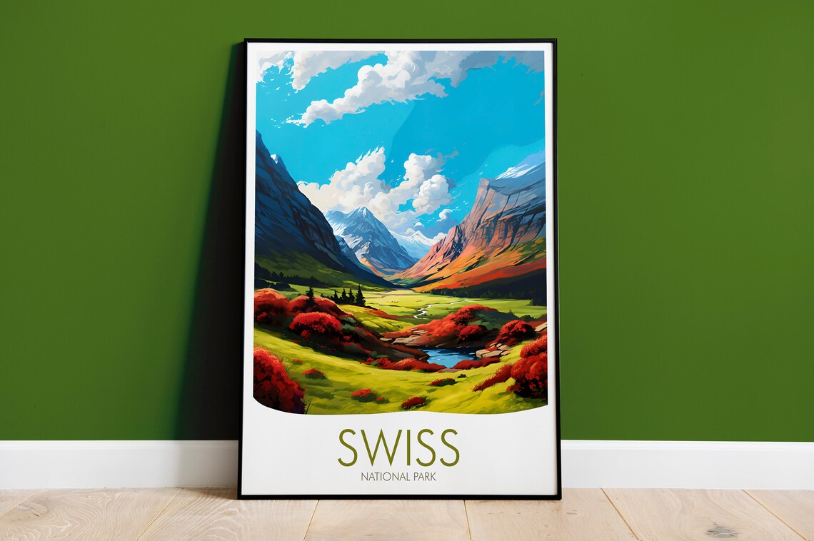 Swiss National Park Alpine Valley Autumn Illustration Travel Poster