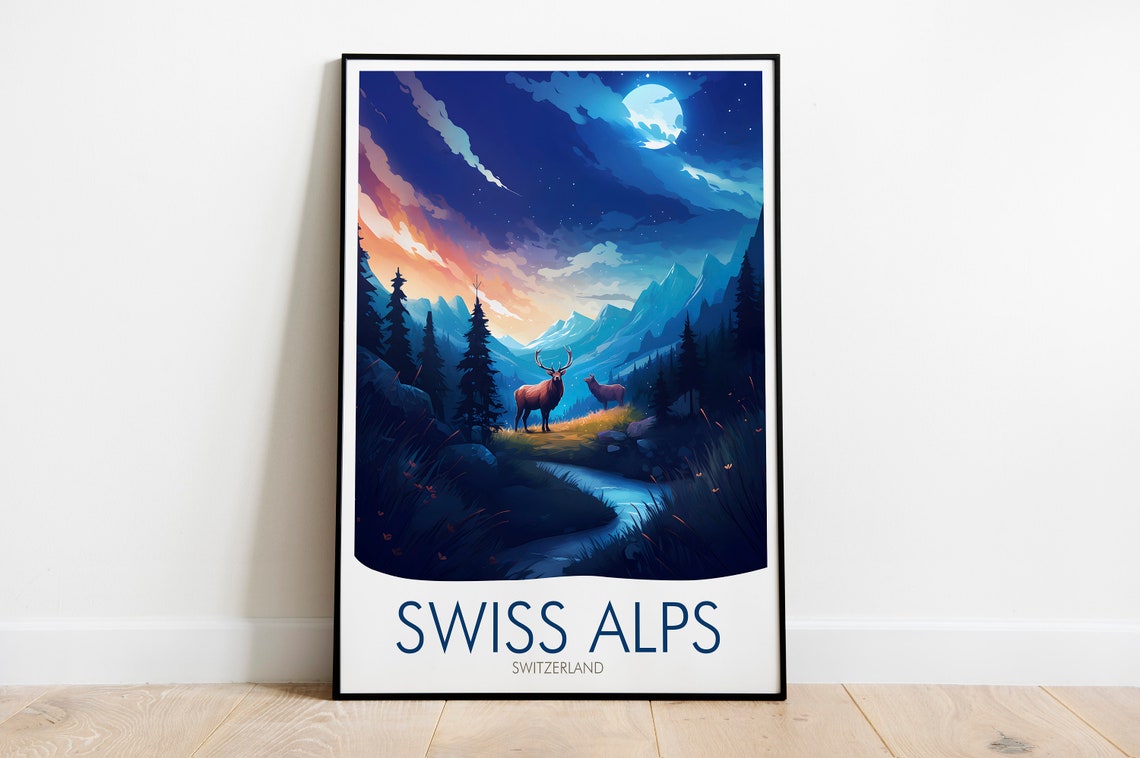 Swiss Alps Switzerland Moonlit Stags Mountain Night Sky Poster - Image 2