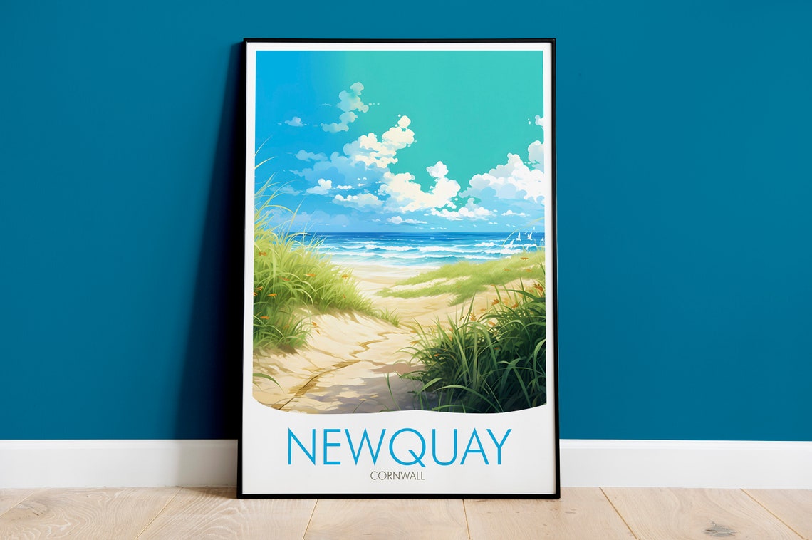Newquay Cornwall Beach Dunes and Surf Waves Scene View Poster