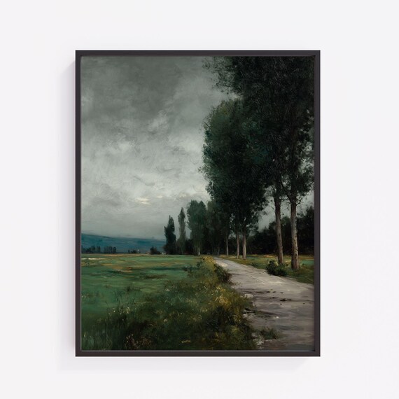 Vintage English Country Lane Moody Rustic Landscape Painting Treelined Path In Distant Fields Farmhouse Wall Art 391