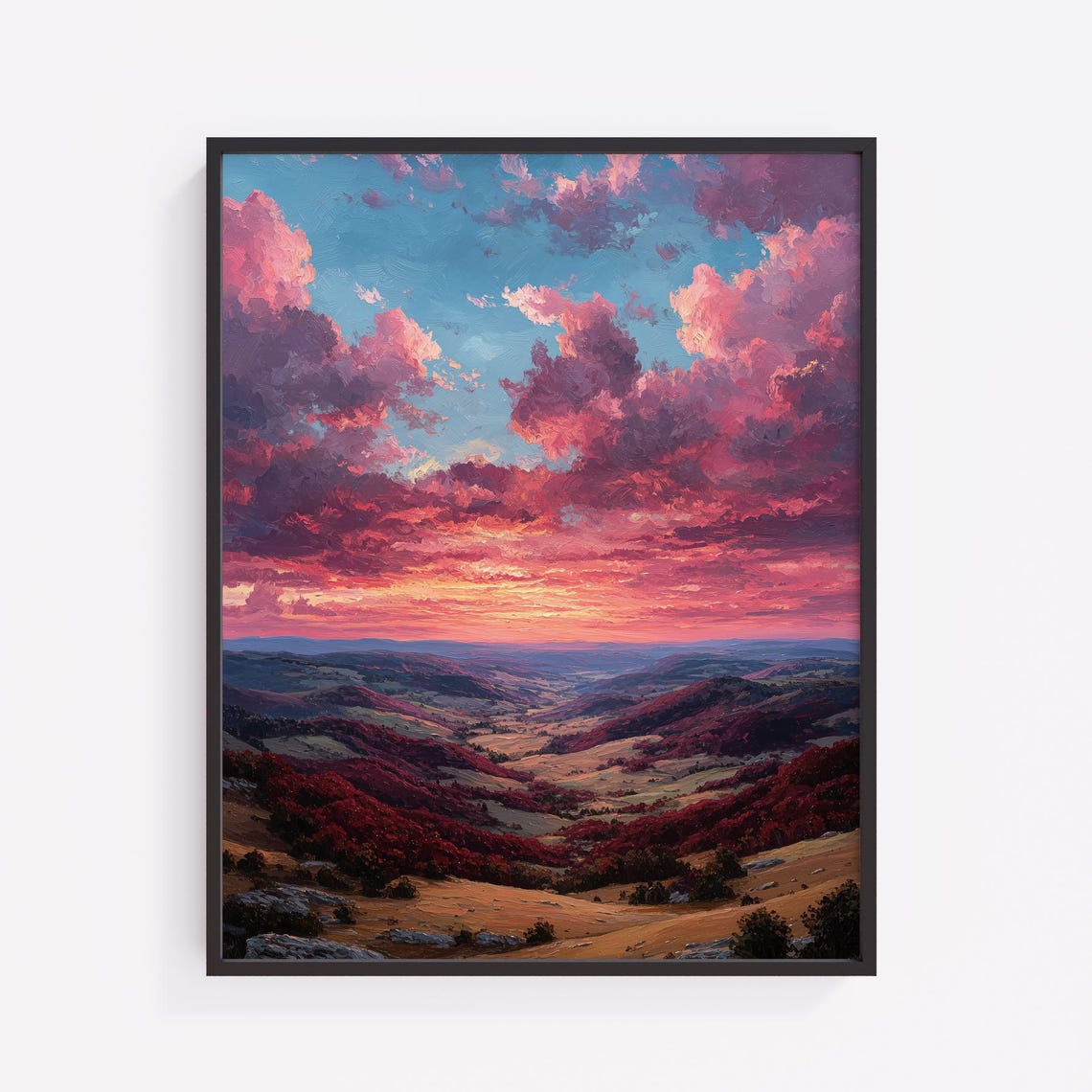 Pink Sunset Clouds Rolling Hills Dramatic Sky Painting Poster