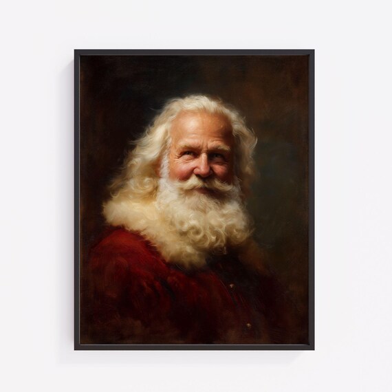 Vintage Santa Claus Threequarter Portrait Cozy Festive Christmas Wall Art Classic Moody Holiday Decor Realistic Painting 454