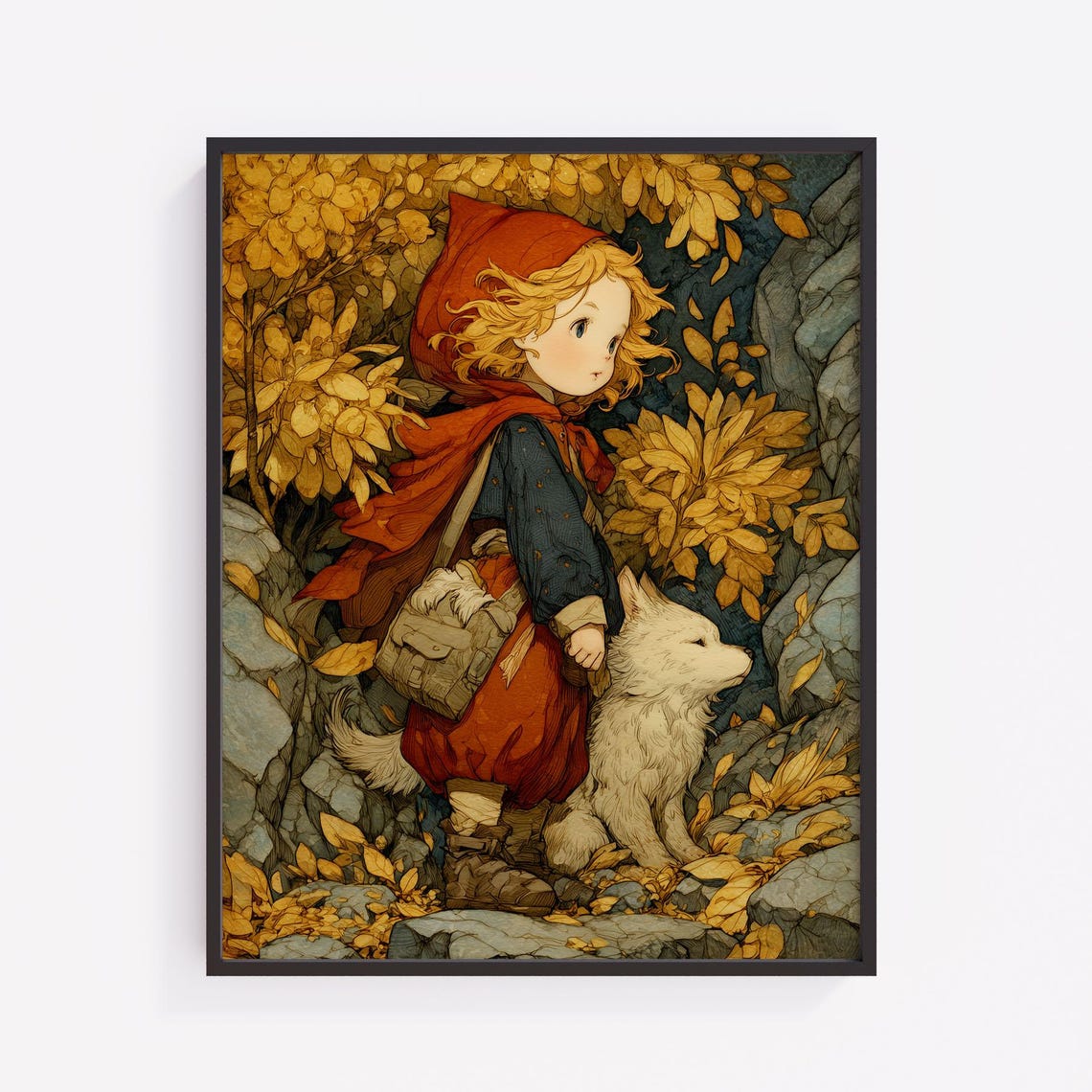 Red Riding Hood Chibi Girl With White Wolf Autumn Forest Poster