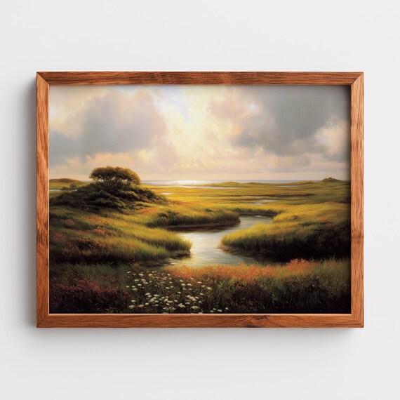 Coastal Marsh Landscape Painting Serene Realistic Seascape Moody Warm Light Rustic Dunes Tidal Creek Wall Art 361