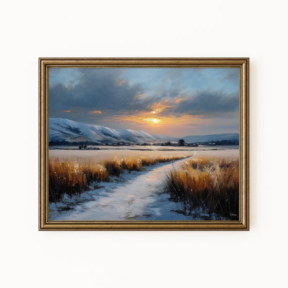 Winter Sunset Landscape Print Snowy Fields Farmhouse Decor