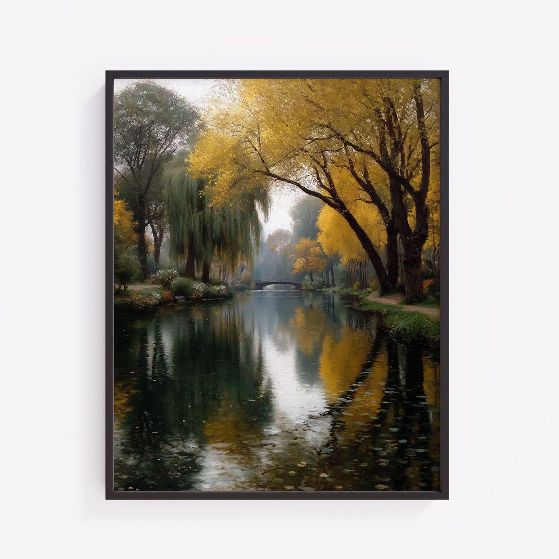 Autumn Willow Tree Pond Art Print Rustic Landscape