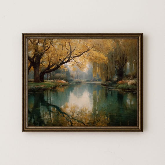 Autumn Willow Tree Pond Painting Vintage Landscape Art H36