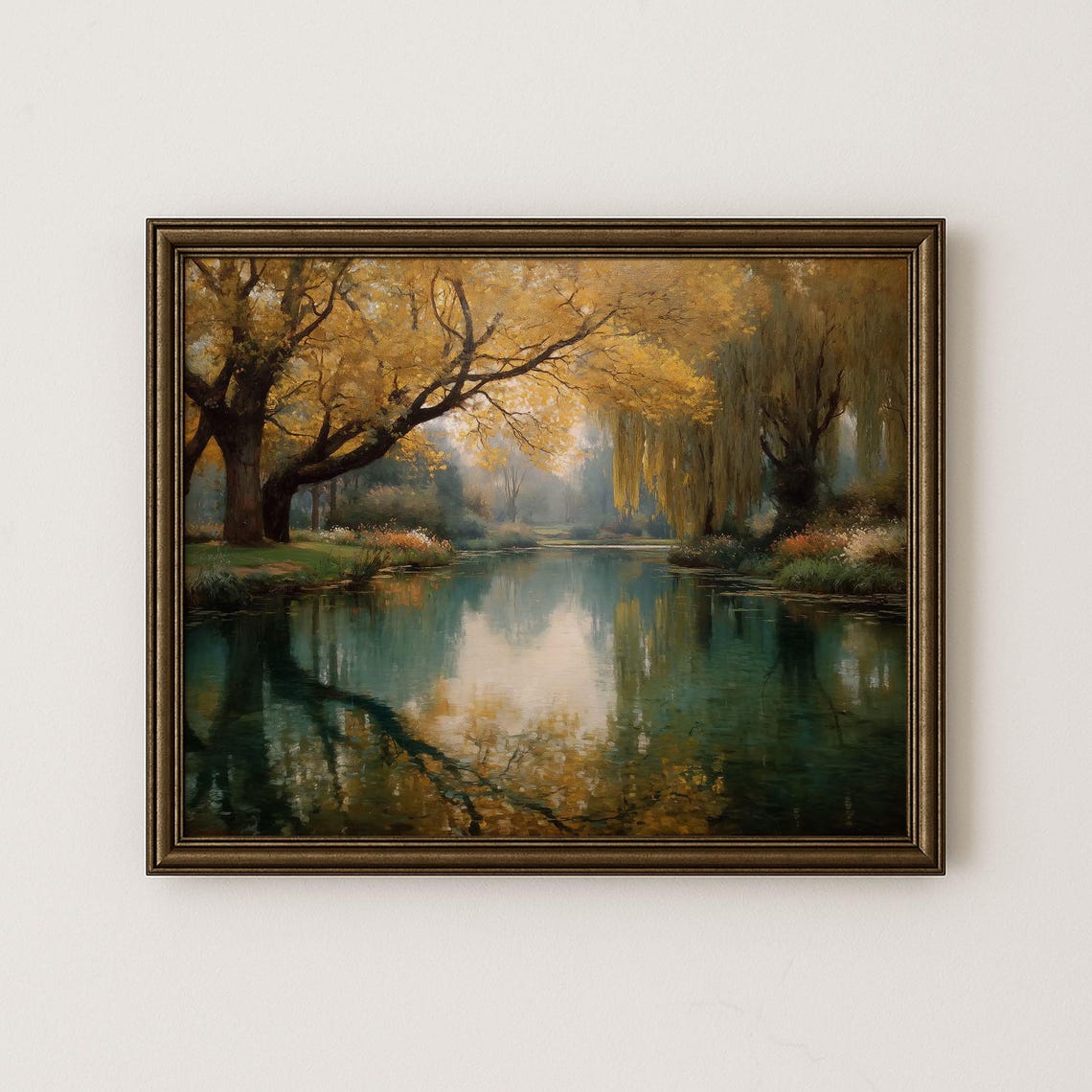 Autumn Willow Tree Pond Painting Vintage Landscape Art H36