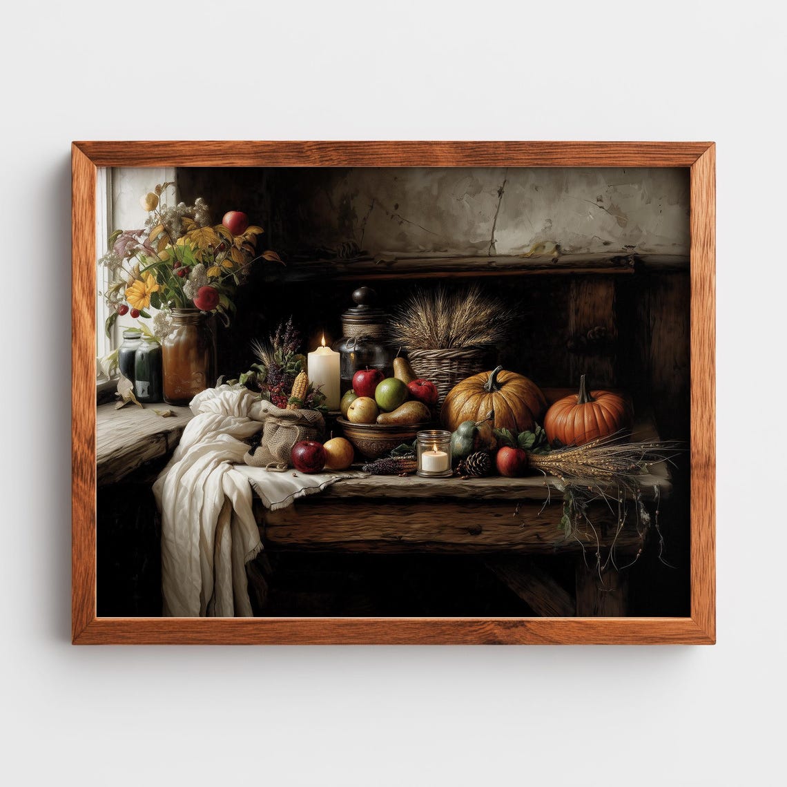 Rustic Thanksgiving Cornucopia Painting Vintage Harvest Art