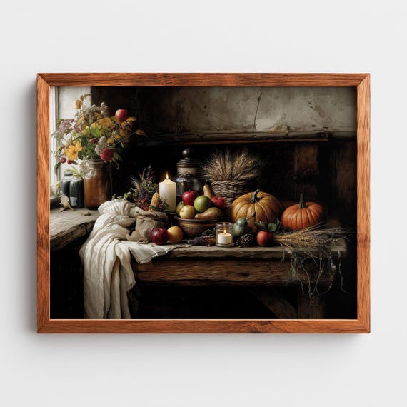 Rustic Thanksgiving Cornucopia Painting Vintage Harvest Art