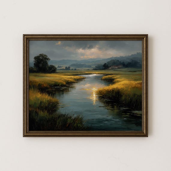 Vintage Misty River Landscape Print Earthy Countryside Scene