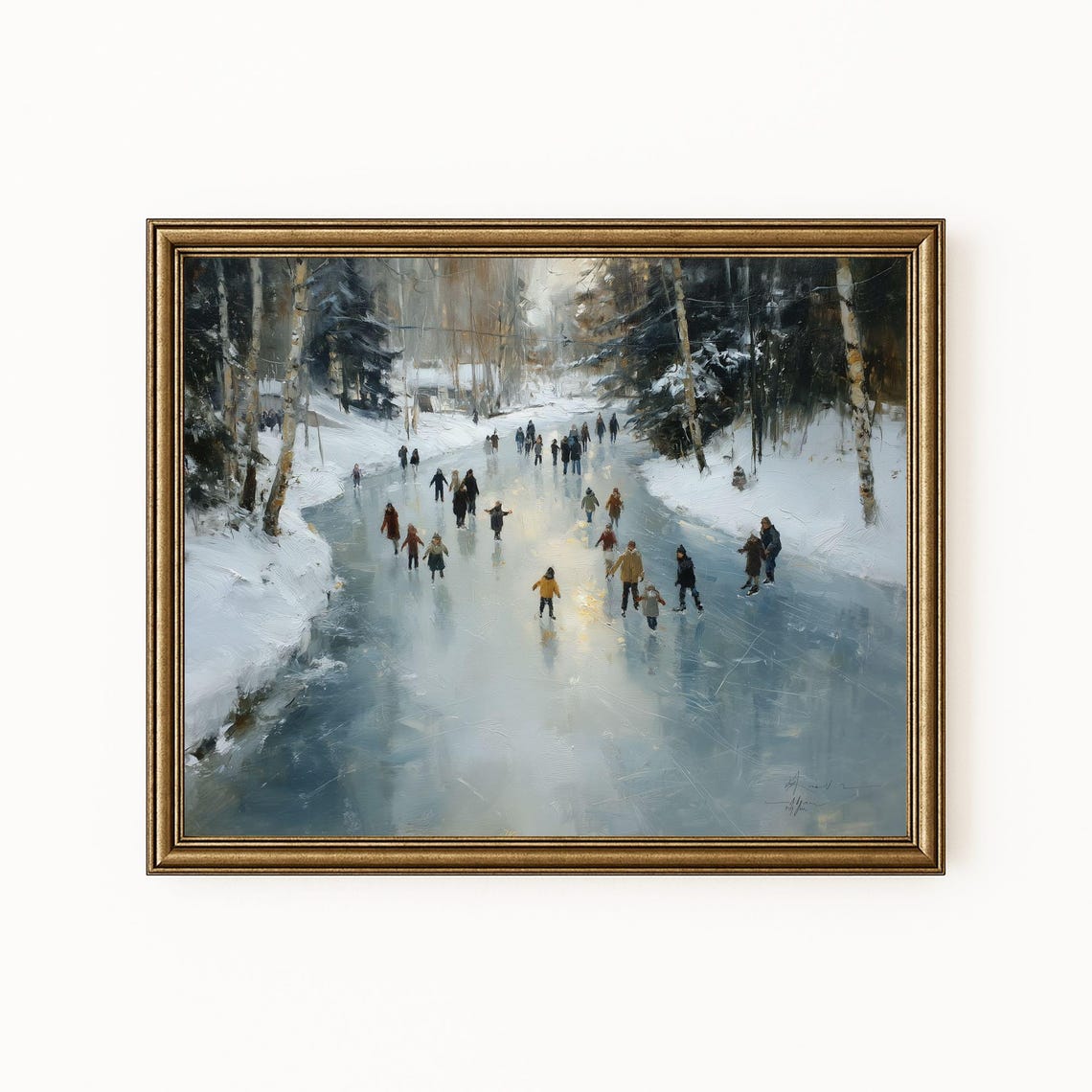 Ice Skaters on Frozen River Snowy Birch Forest Winter Art Poster
