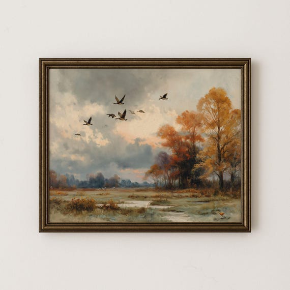 Autumn Geese Watercolor Landscape Print Vintage Fall Wall Art 93