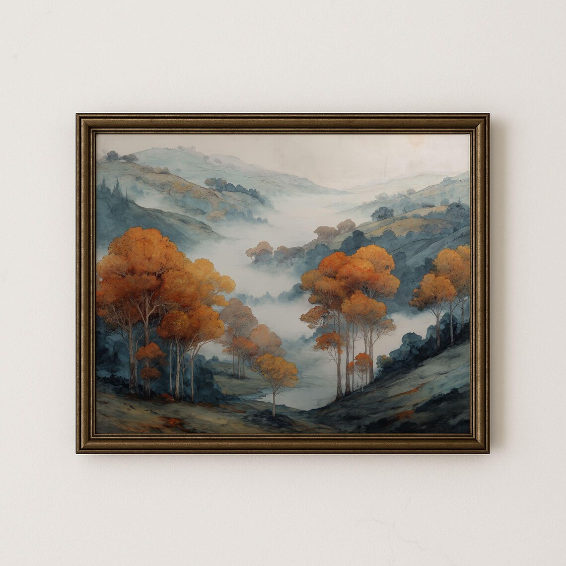 Misty Autumn Forest Watercolor Landscape Golden Fall Trees Poster